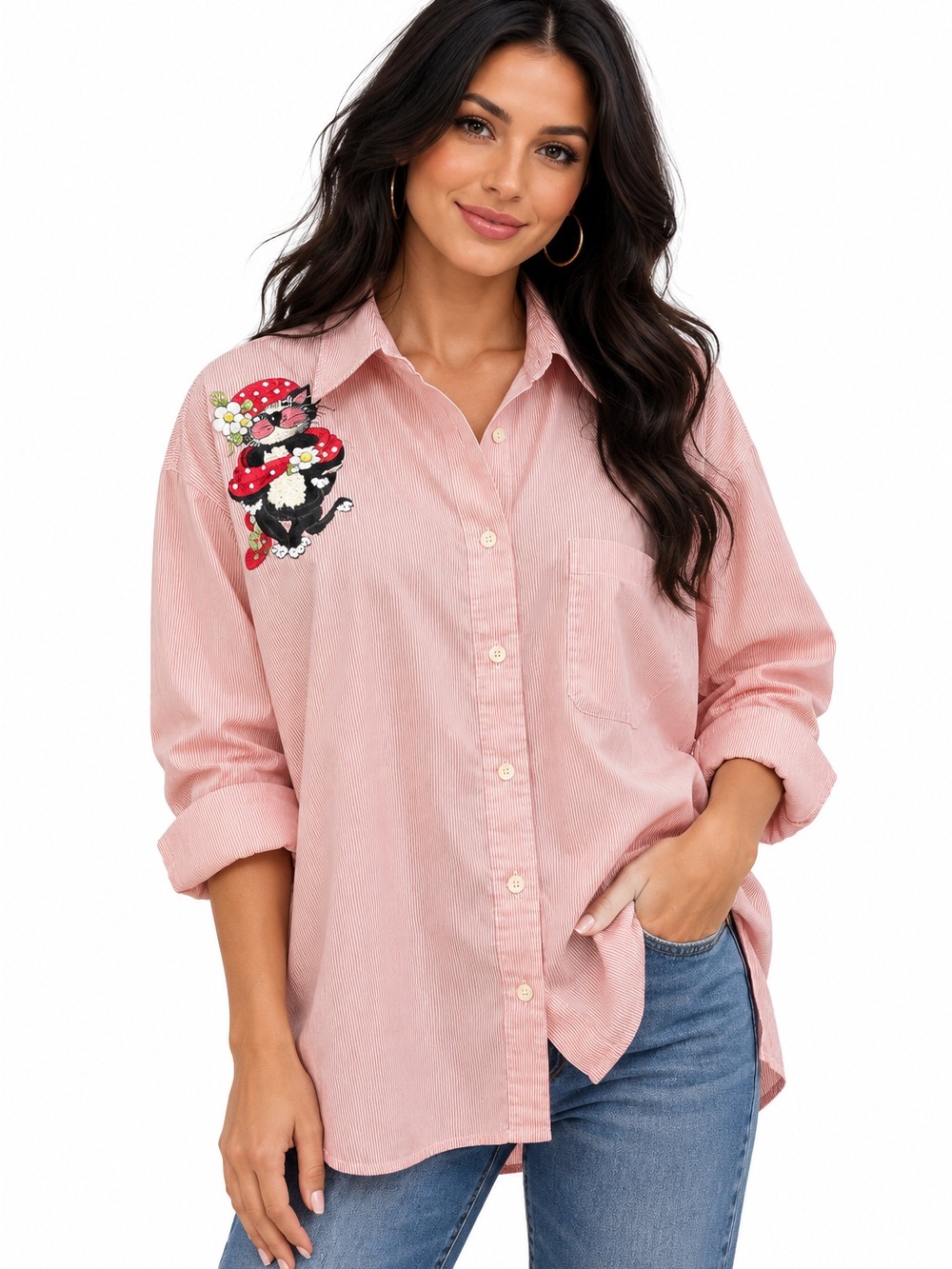 Hana Pink Striped Button-Up Shirt with Embroidered Cat 🐈‍⬛ Patch Large